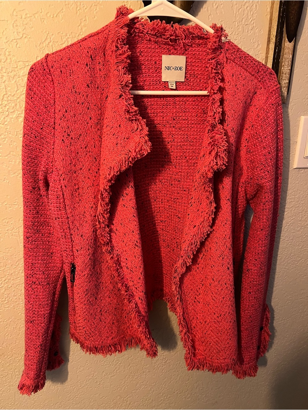 NIC+ZOE Coral Pink Fringed Open-Front Knit Cardigan